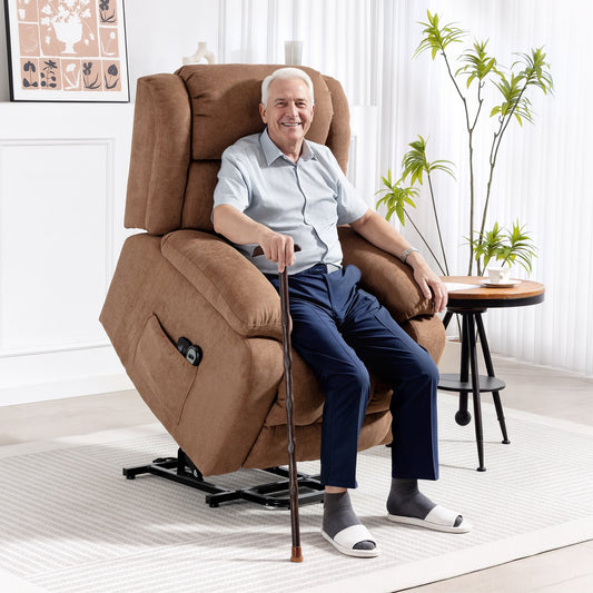 Power Lift Recliner Chair with Massage, Linen Overstuffed Lift Chair for Elderly, Electric Recliner Armchair with Footrest, Remote Control and Side Pocket, for Living Room, Brown
