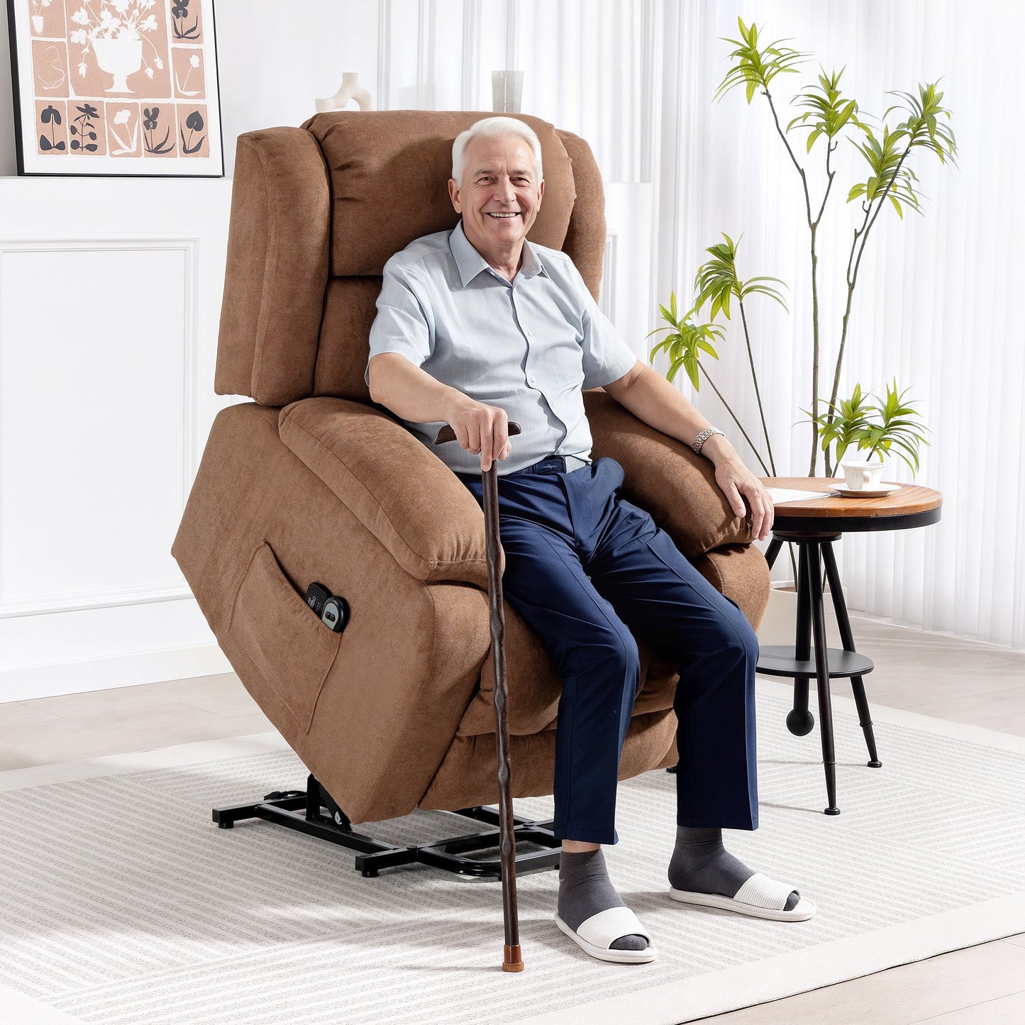Power Lift Recliner Chair with Massage, Linen Overstuffed Lift Chair for Elderly, Electric Recliner Armchair with Footrest, Remote Control and Side Pocket, for Living Room, Brown