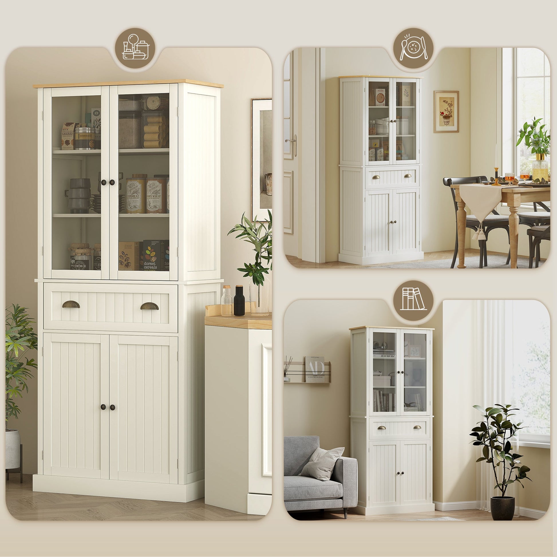 Freestanding Kitchen Cupboard, 5-tier Storage Cabinet with Adjustable Shelves and Drawer for Living Room, Dining Room, Cream White
