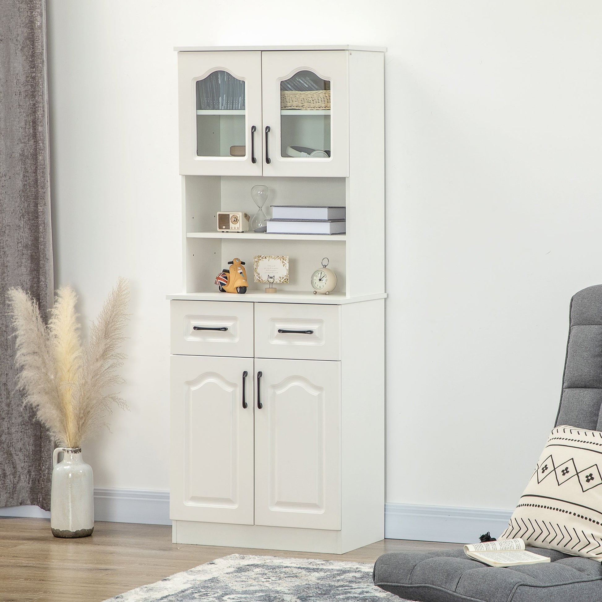 Kitchen Cupboard, Freestanding Storage Cabinet with 2 Adjustable Shelves, 2 Drawers and Open Counter for Living Room, Dining Room, 168cm, White