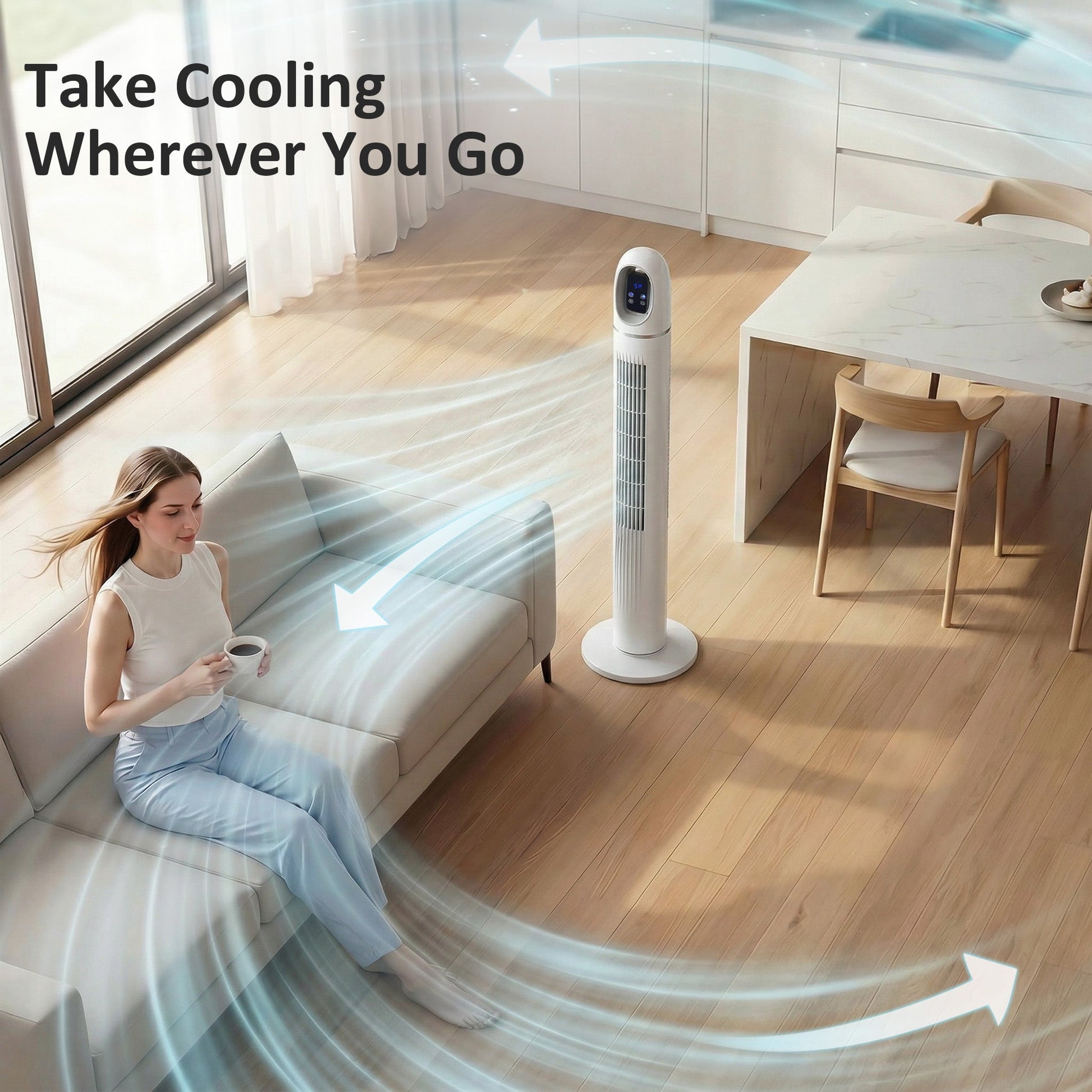 Tower Fan for Bedroom, Standing Floor Fan with 70° Oscillating, 3 Modes, 3 Speeds, 24 Hour Timer, LED Display and Remote Control, 44 inch, White