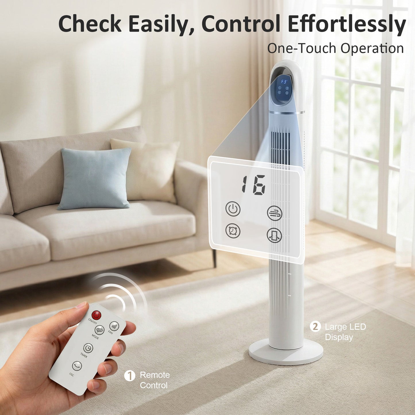 Tower Fan for Bedroom, Standing Floor Fan with 70° Oscillating, 3 Modes, 3 Speeds, 24 Hour Timer, LED Display and Remote Control, 44 inch, White