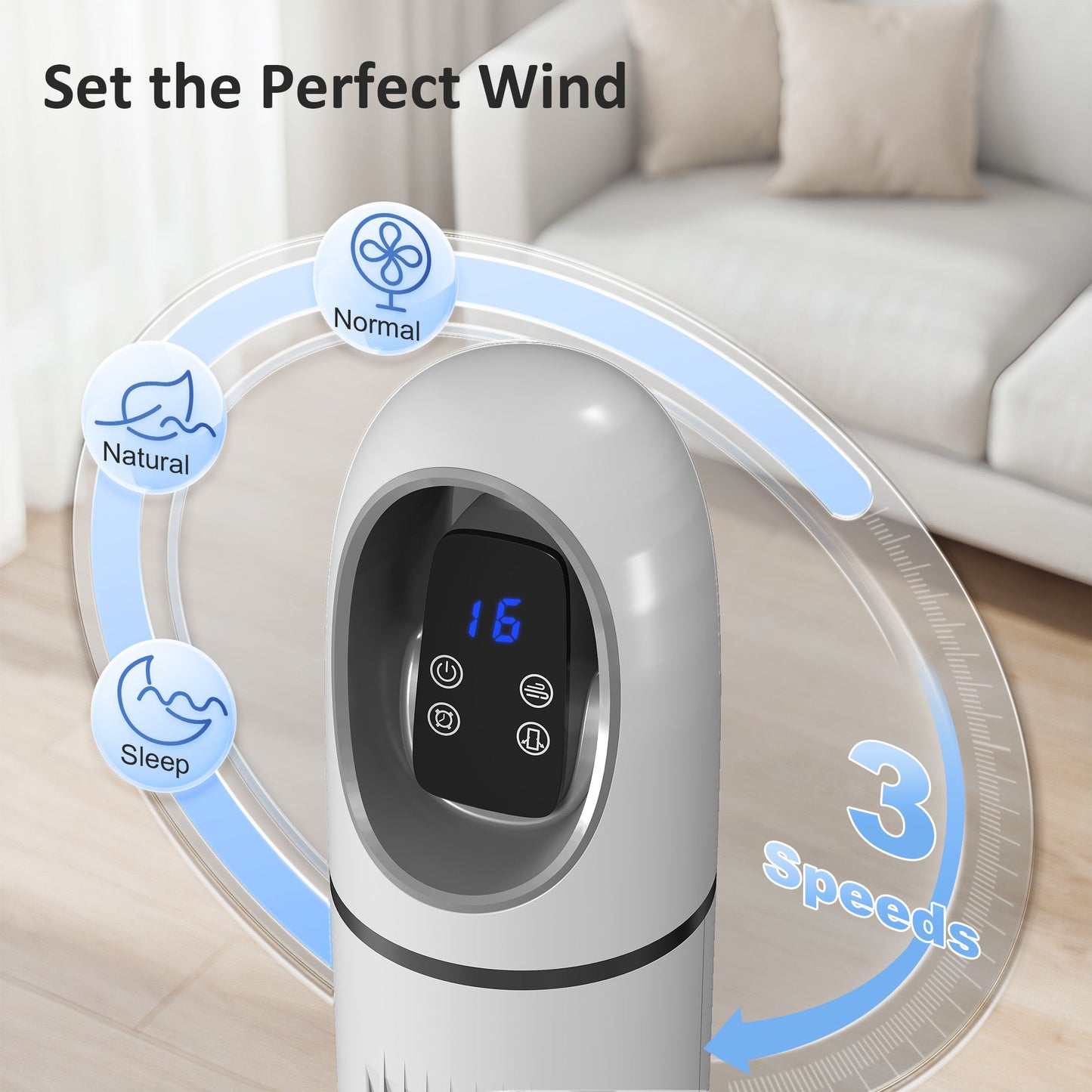 Tower Fan for Bedroom, Standing Floor Fan with 70° Oscillating, 3 Modes, 3 Speeds, 24 Hour Timer, LED Display and Remote Control, 44 inch, White