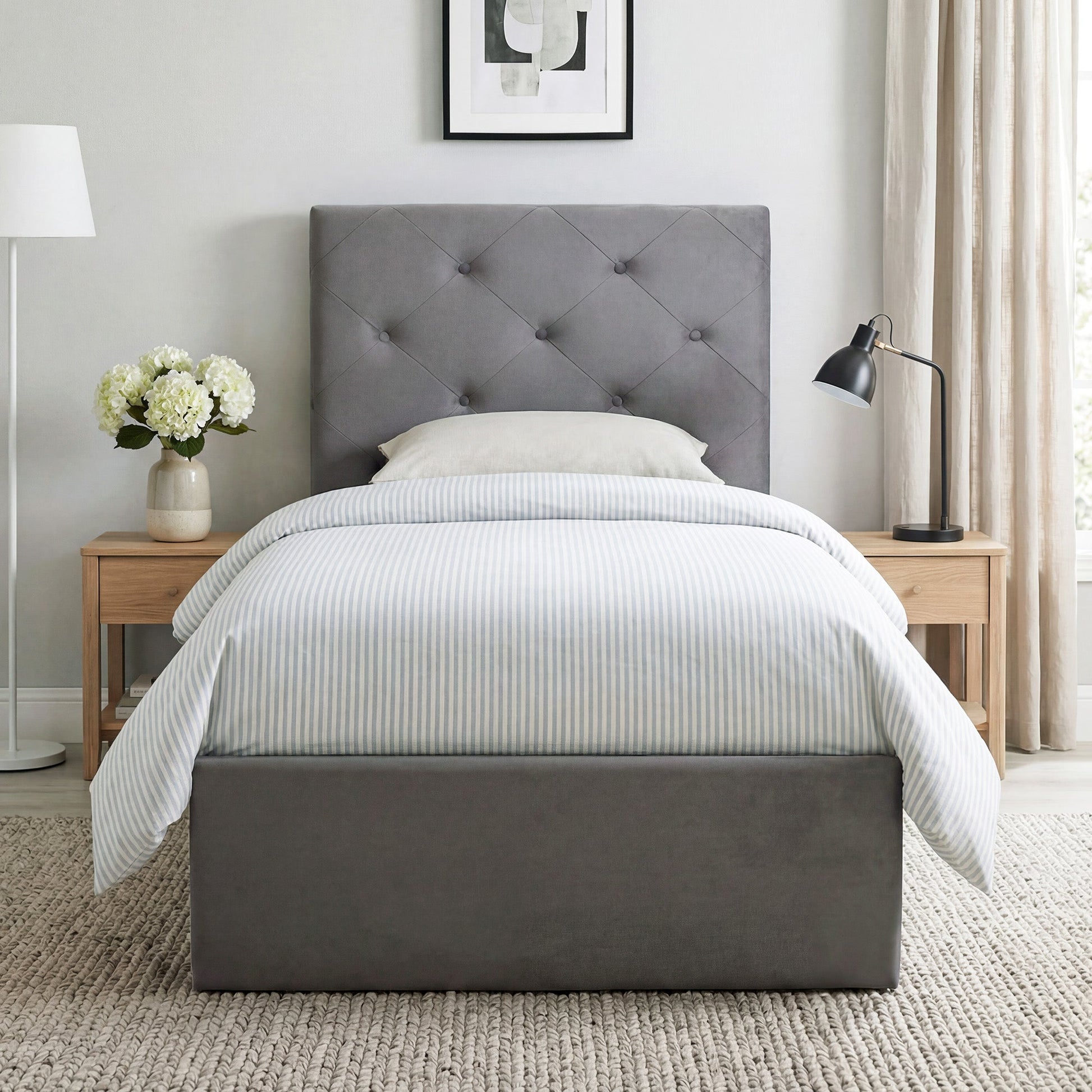3FT Single Bed Frame for 90 x 190 cm Mattress, Upholstered Platform Bed Frame with Tufted Headboard, Gas Lift Up Storage, Mattress Foundation, Dark Grey