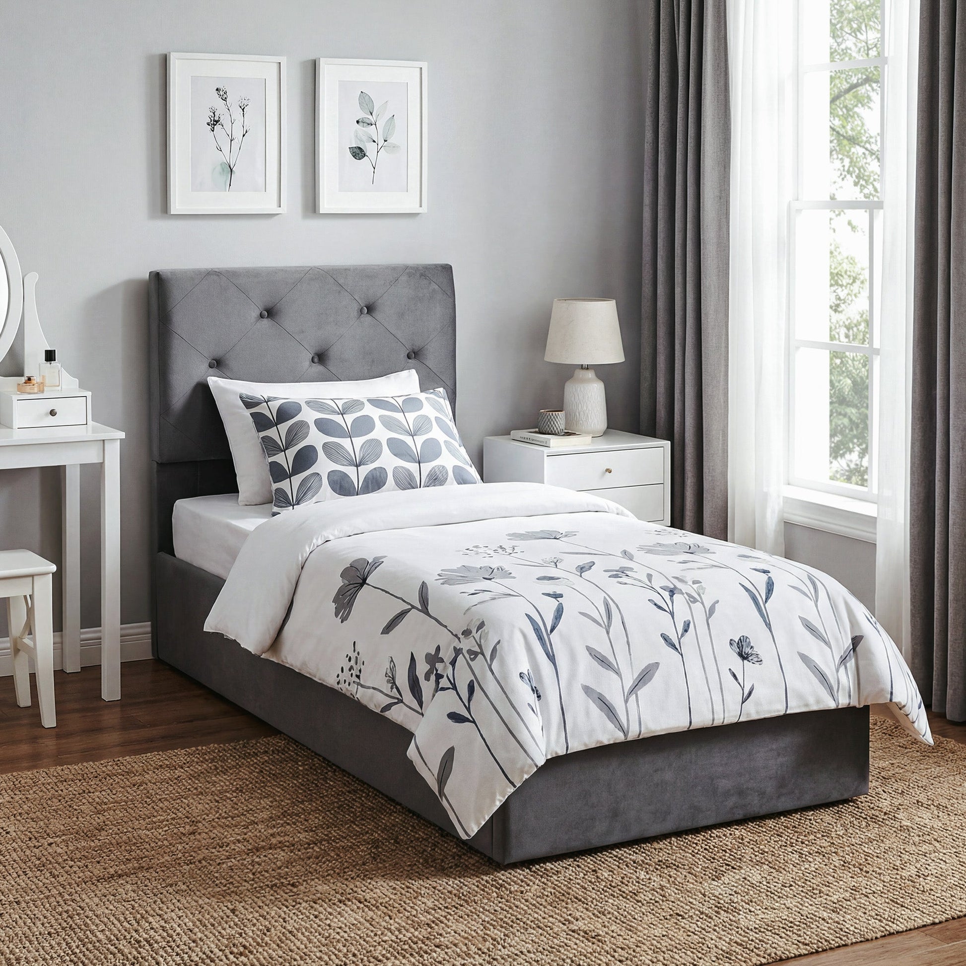 3FT Single Bed Frame for 90 x 190 cm Mattress, Upholstered Platform Bed Frame with Tufted Headboard, Gas Lift Up Storage, Mattress Foundation, Dark Grey