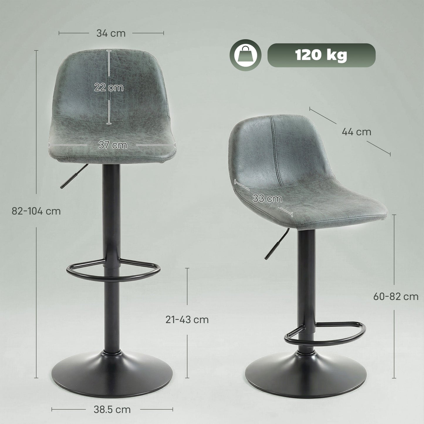 Bar Stools Set of 2, Modern Swivel Barstools, Height Adjustable Breakfast Bar Chairs with Footrest for Kitchen Island and Dining Room, Green