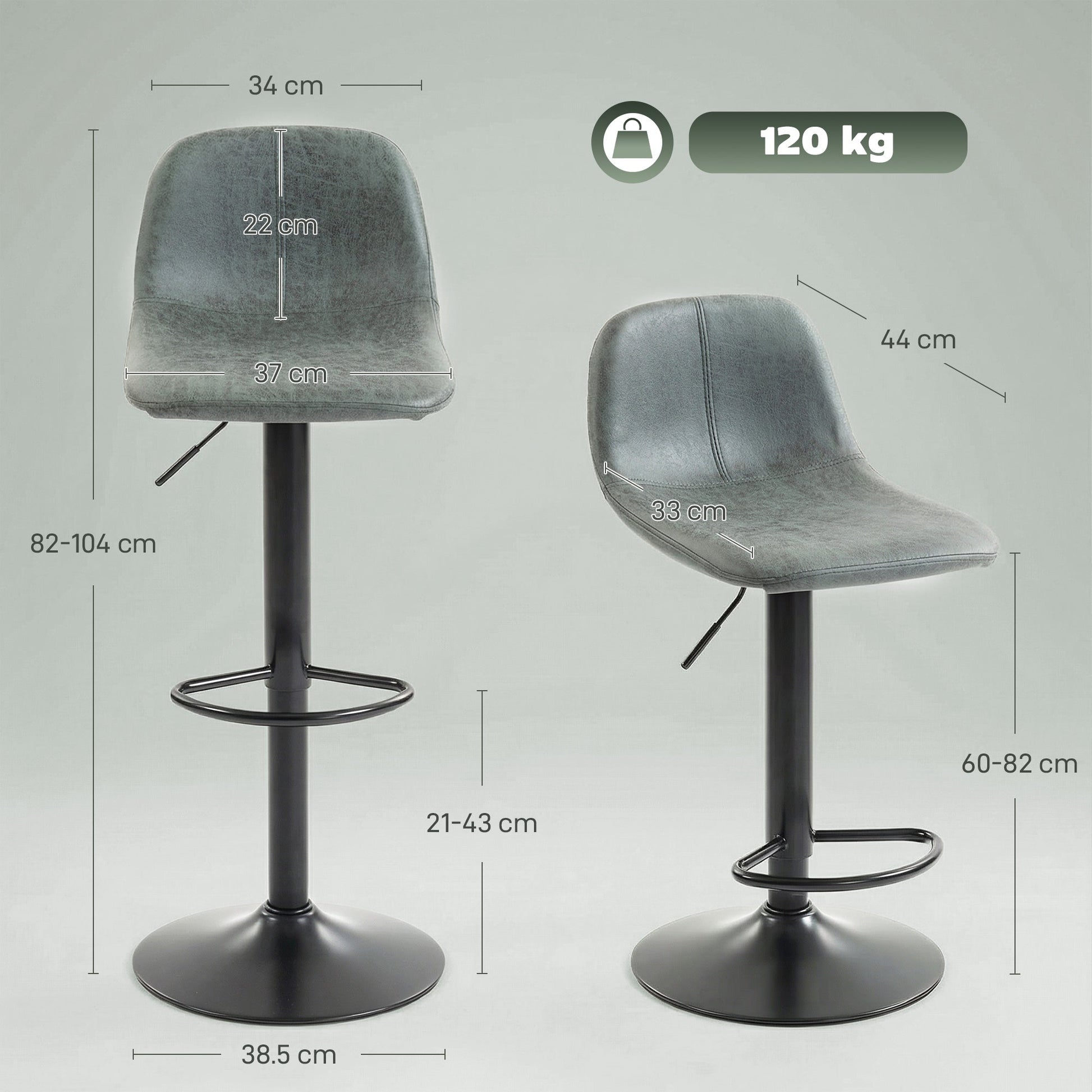 Bar Stools Set of 2, Modern Swivel Barstools, Height Adjustable Breakfast Bar Chairs with Footrest for Kitchen Island and Dining Room, Green