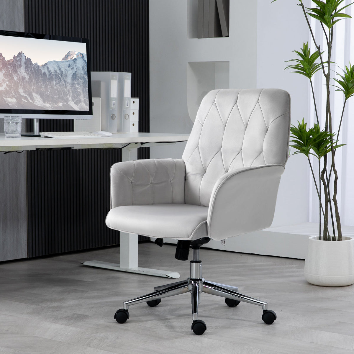 Vinsetto Office Desk Chair, Velvet-Feel Fabric Vanity Chair with Height Adjustable, Armrest, Swivel Chair for Home, Light Grey