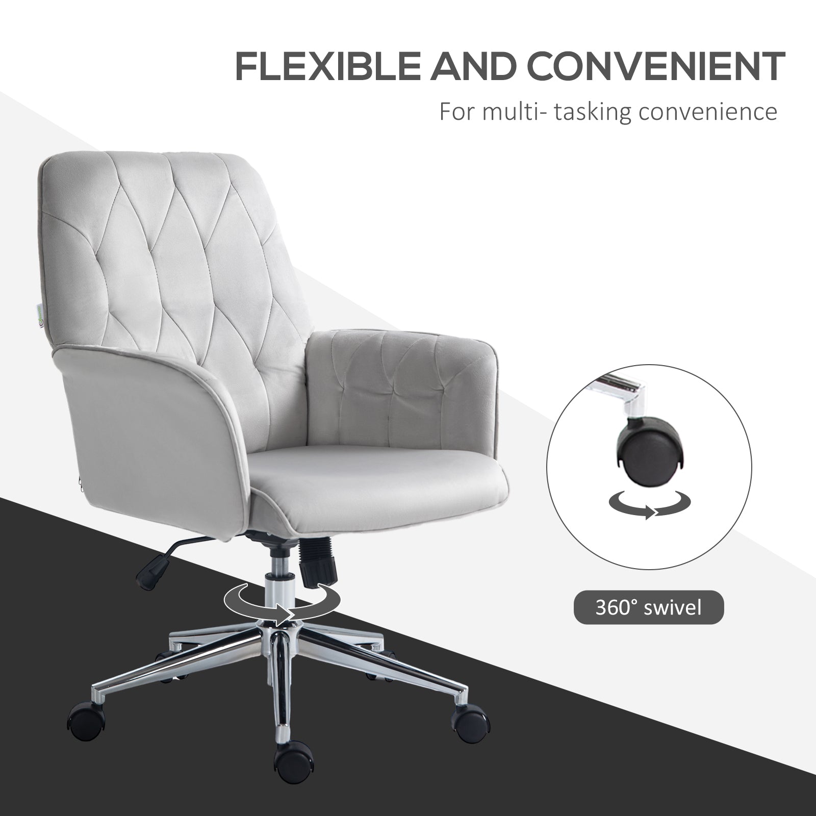 Vinsetto Office Desk Chair, Velvet-Feel Fabric Vanity Chair with Height Adjustable, Armrest, Swivel Chair for Home, Light Grey