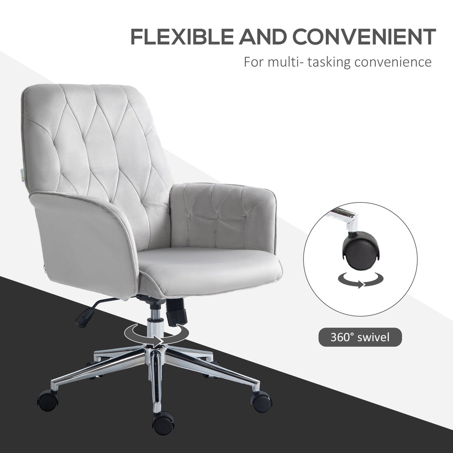 Vinsetto Office Desk Chair, Velvet-Feel Fabric Vanity Chair with Height Adjustable, Armrest, Swivel Chair for Home, Light Grey