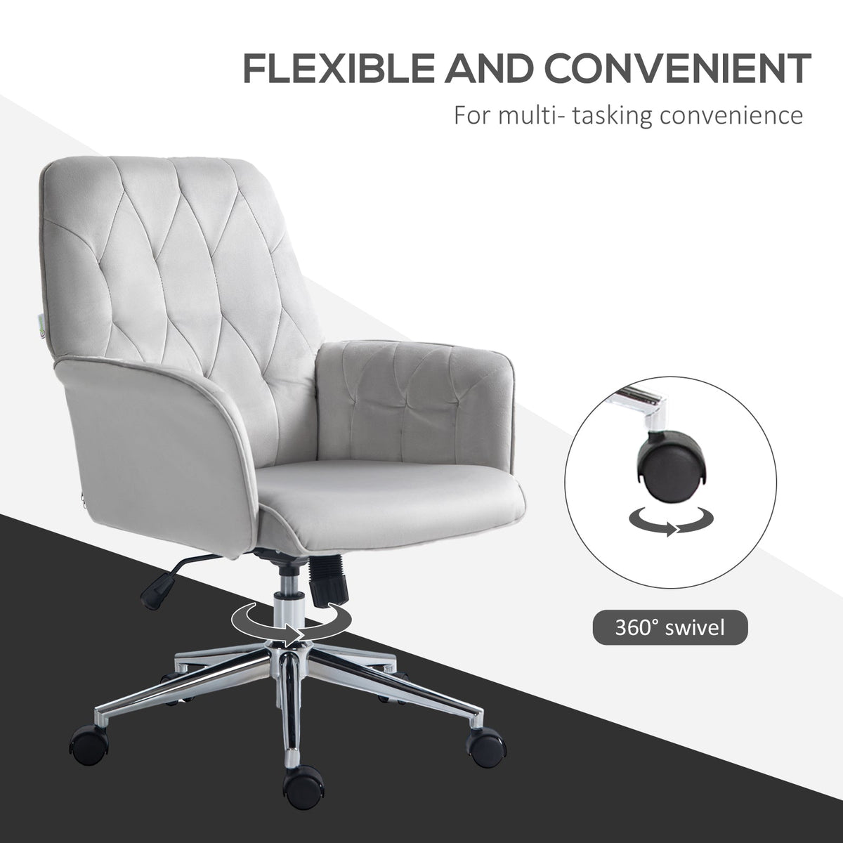Vinsetto Office Desk Chair, Velvet-Feel Fabric Vanity Chair with Height Adjustable, Armrest, Swivel Chair for Home, Light Grey