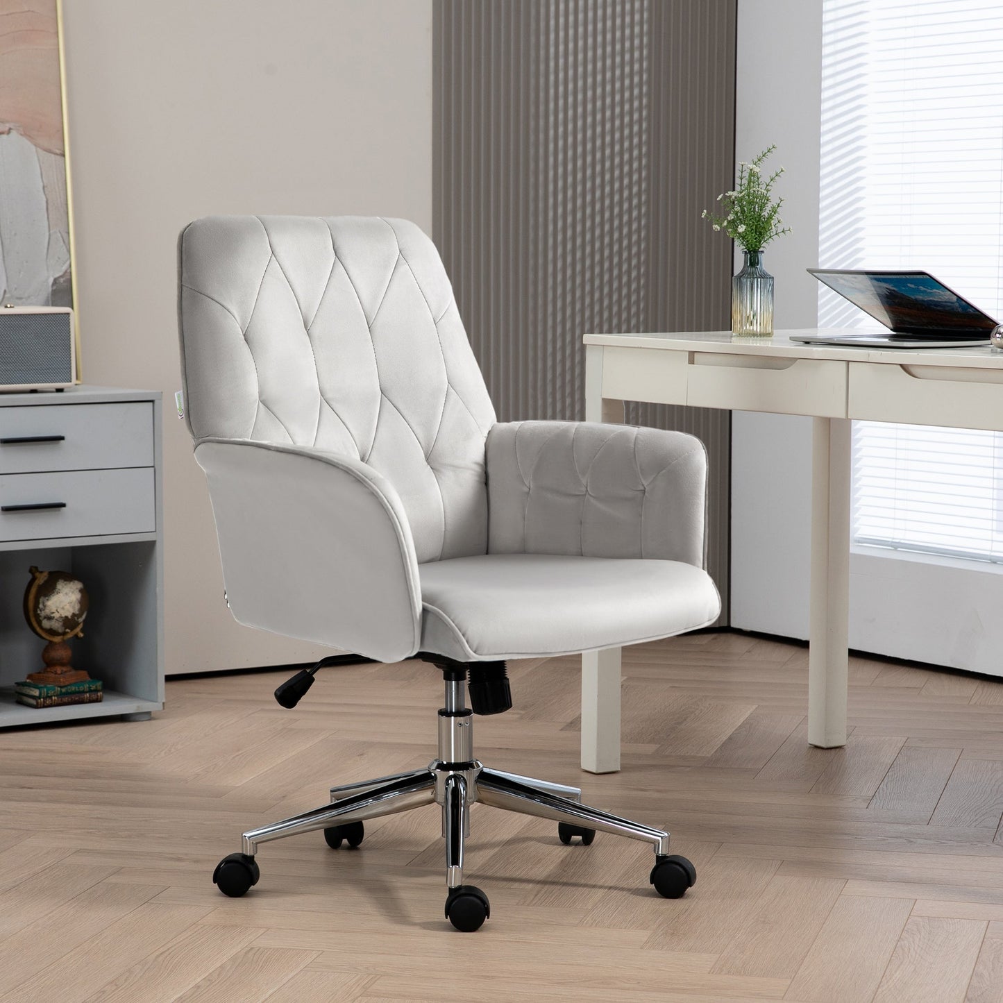 Vinsetto Office Desk Chair, Velvet-Feel Fabric Vanity Chair with Height Adjustable, Armrest, Swivel Chair for Home, Light Grey