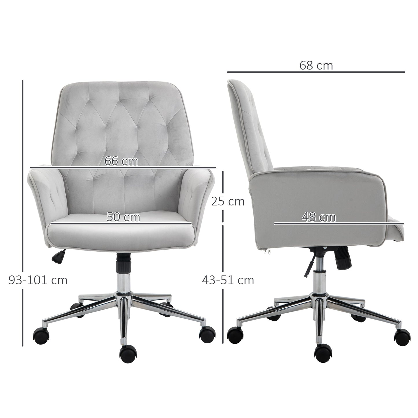 Vinsetto Office Desk Chair, Velvet-Feel Fabric Vanity Chair with Height Adjustable, Armrest, Swivel Chair for Home, Light Grey