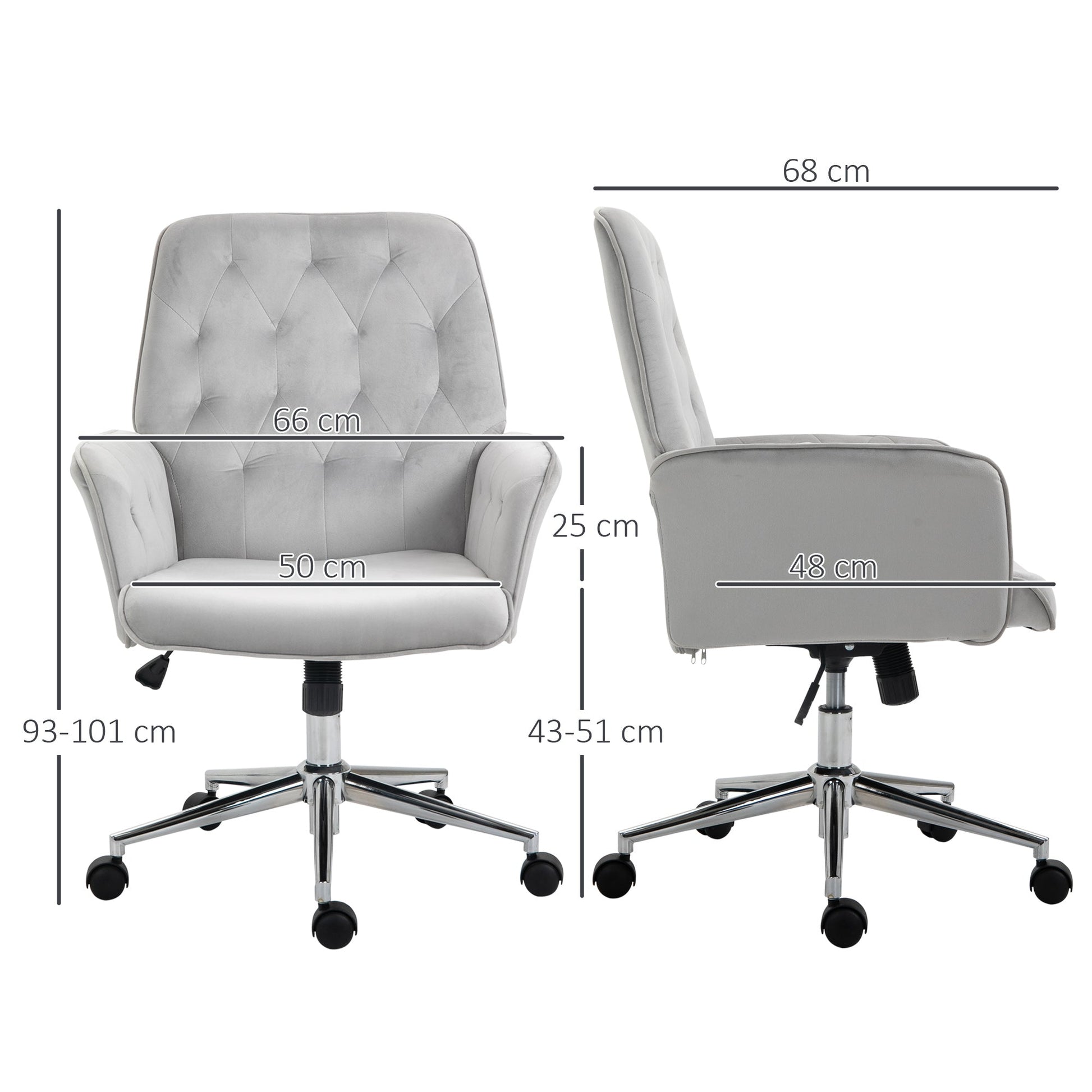 Vinsetto Office Desk Chair, Velvet-Feel Fabric Vanity Chair with Height Adjustable, Armrest, Swivel Chair for Home, Light Grey