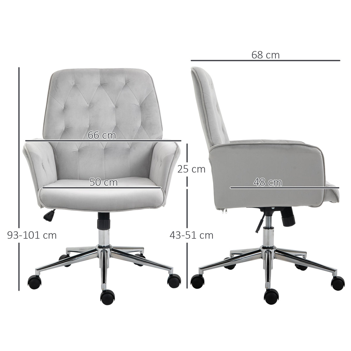 Vinsetto Office Desk Chair, Velvet-Feel Fabric Vanity Chair with Height Adjustable, Armrest, Swivel Chair for Home, Light Grey