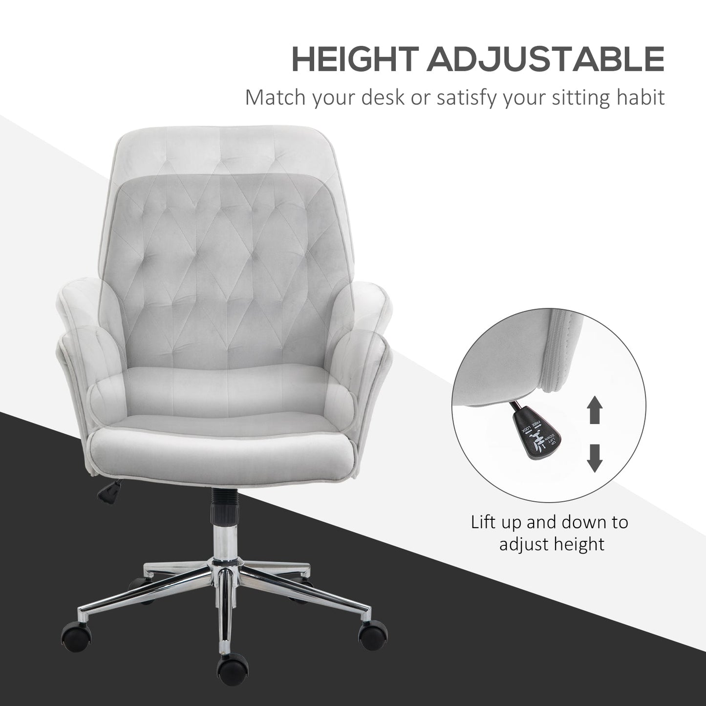 Vinsetto Office Desk Chair, Velvet-Feel Fabric Vanity Chair with Height Adjustable, Armrest, Swivel Chair for Home, Light Grey