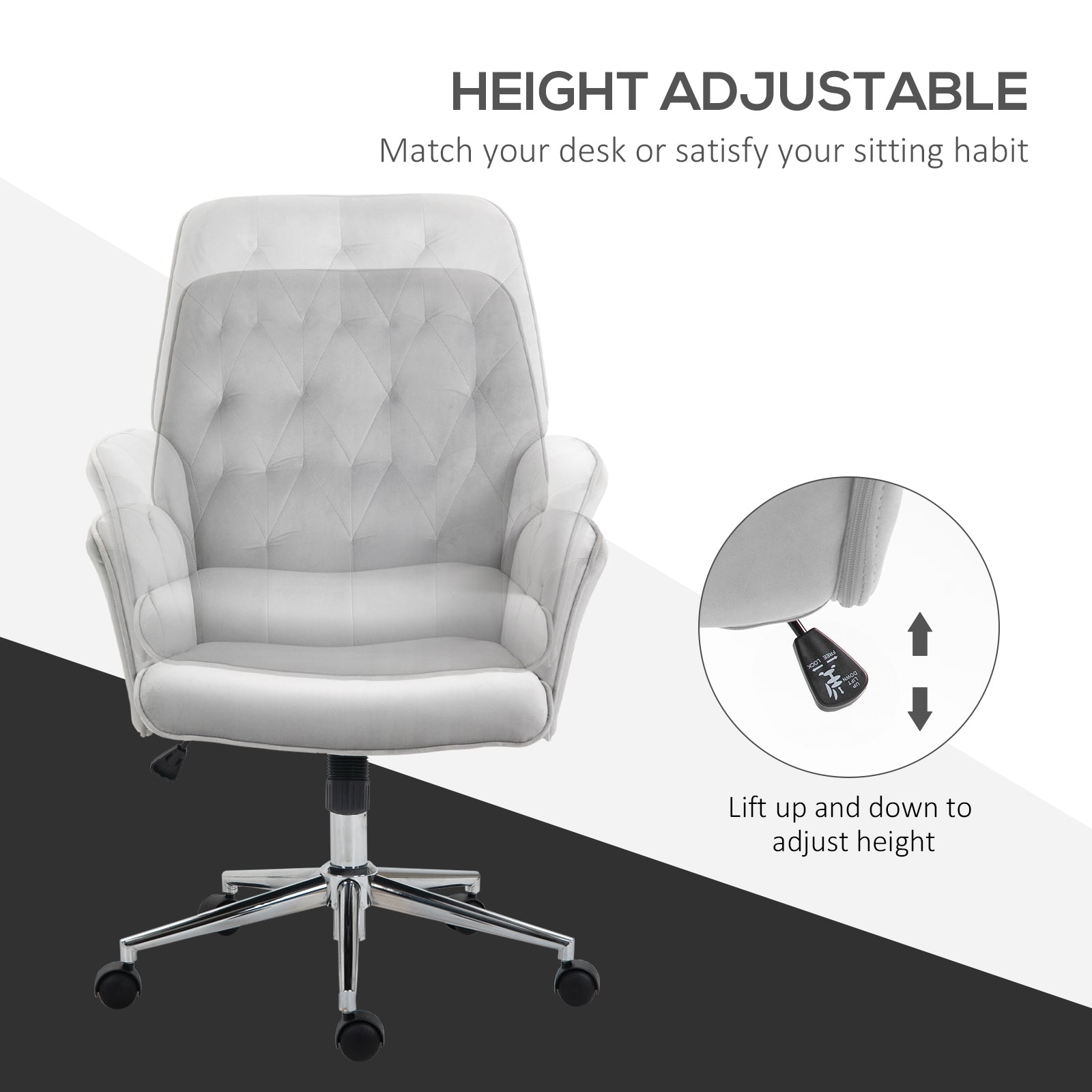 Vinsetto Office Desk Chair, Velvet-Feel Fabric Vanity Chair with Height Adjustable, Armrest, Swivel Chair for Home, Light Grey