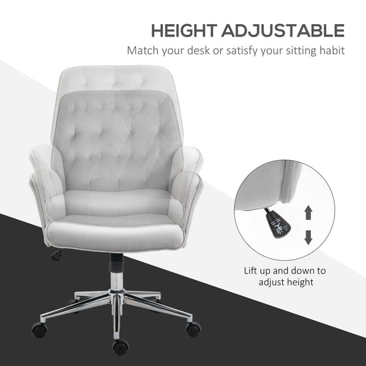 Vinsetto Office Desk Chair, Velvet-Feel Fabric Vanity Chair with Height Adjustable, Armrest, Swivel Chair for Home, Light Grey