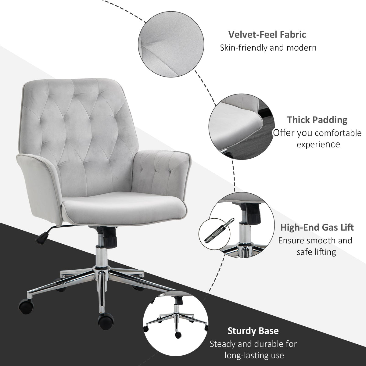 Vinsetto Office Desk Chair, Velvet-Feel Fabric Vanity Chair with Height Adjustable, Armrest, Swivel Chair for Home, Light Grey