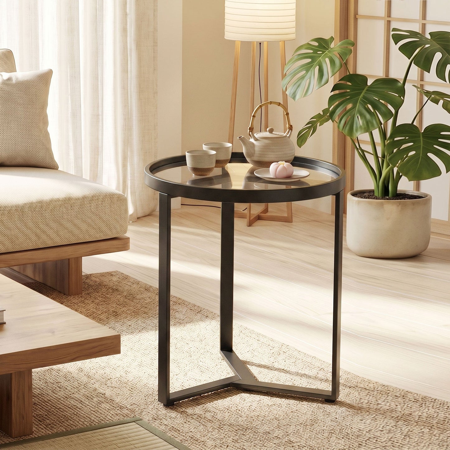 Round Side Table with Tempered Glass Top, Modern End Table with Geometric Metal Frame for Small Space, Living Room and Bedroom, Black