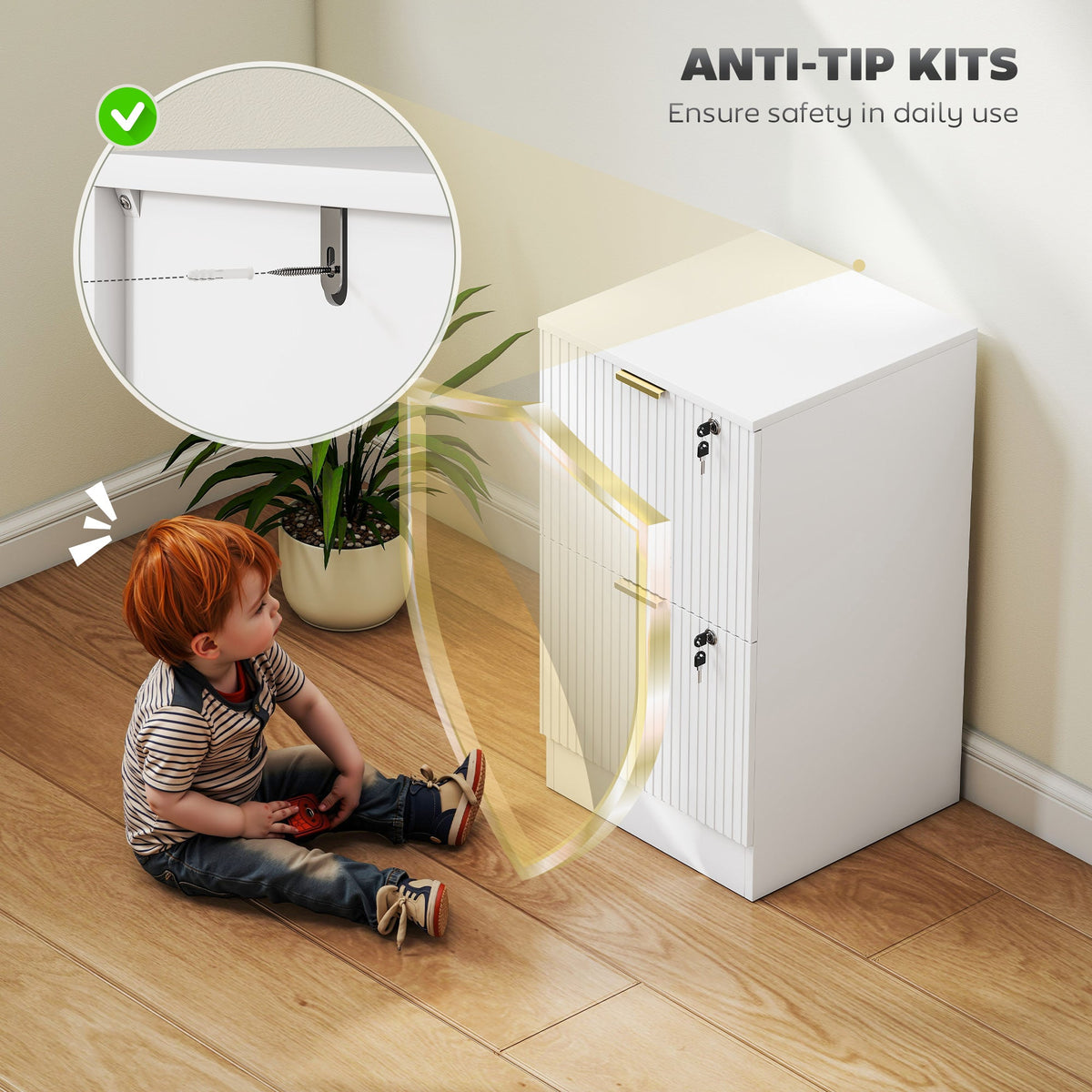 2 Drawer Filing Cabinet, Fluted Vertical File Cabinet with Lock and Adjustable Hanging Rails for A4 and Letter Size Files, Printer Stand with Storage, White