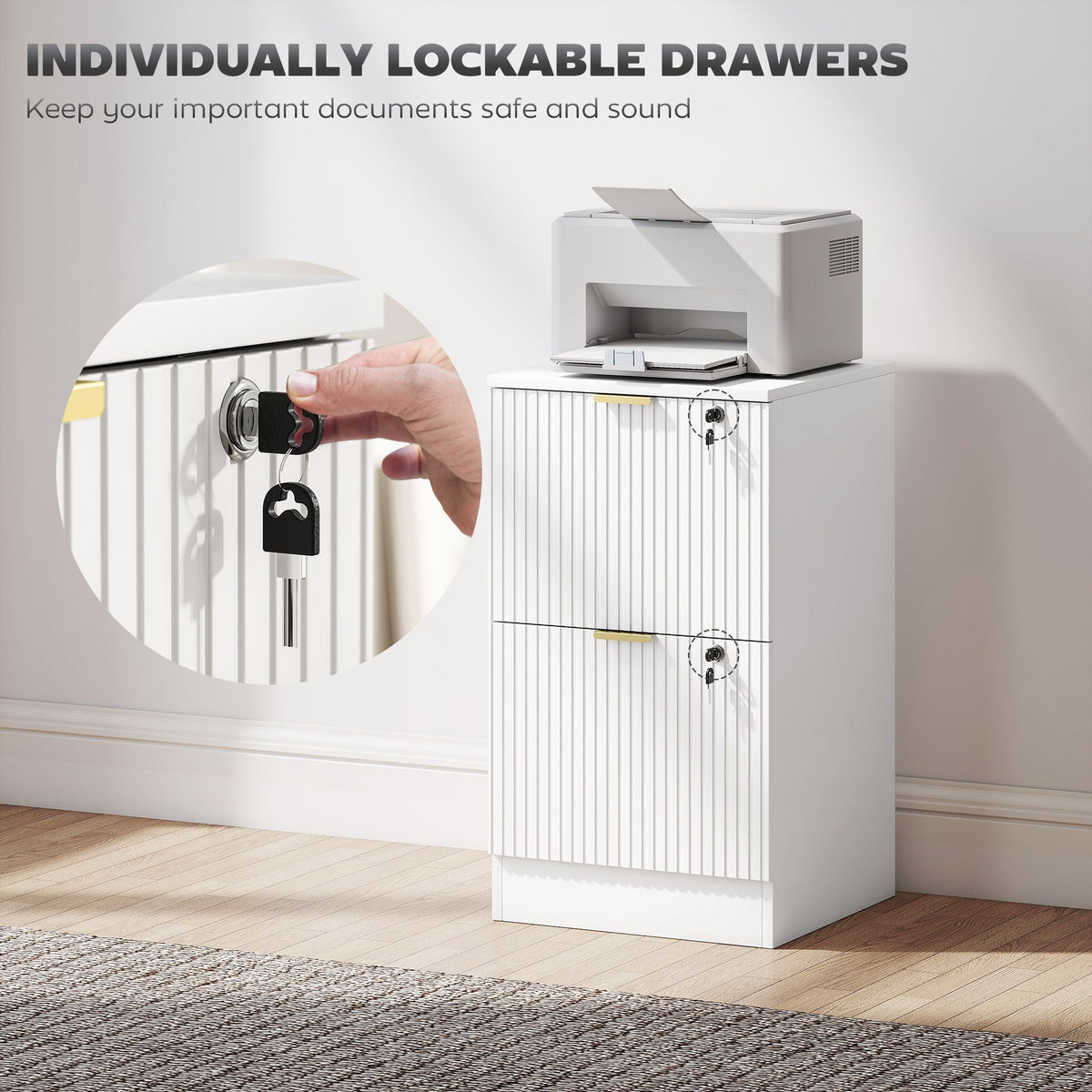 2 Drawer Filing Cabinet, Fluted Vertical File Cabinet with Lock and Adjustable Hanging Rails for A4 and Letter Size Files, Printer Stand with Storage, White
