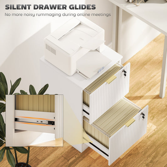 2 Drawer Filing Cabinet, Fluted Vertical File Cabinet with Lock and Adjustable Hanging Rails for A4 and Letter Size Files, Printer Stand with Storage, White