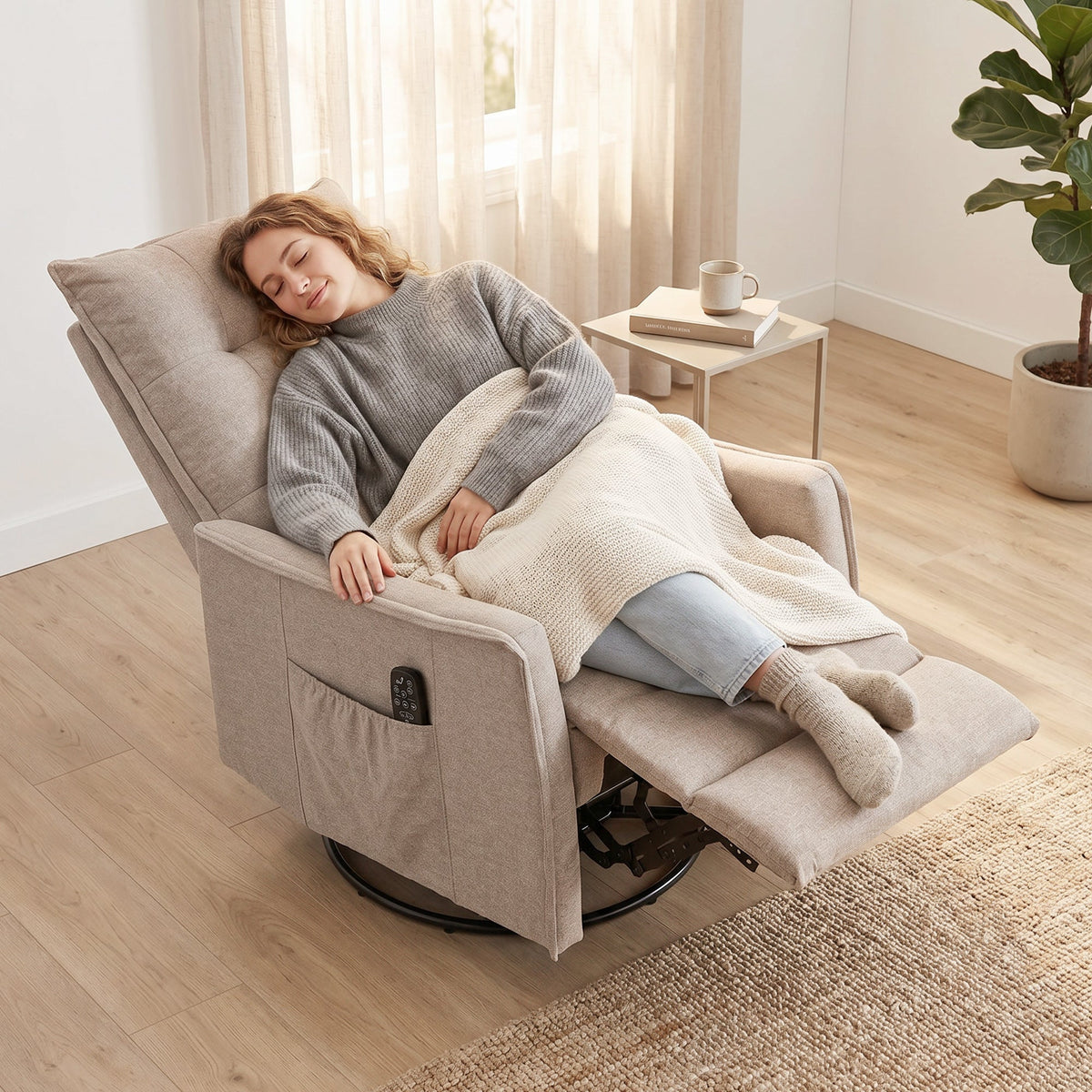 Recliner Armchair, Chenille Recliner Chair with Massage and Heat, 360° Swivel Rocking Manual Reclining Chair with Side Pockets for Living Room, Brown