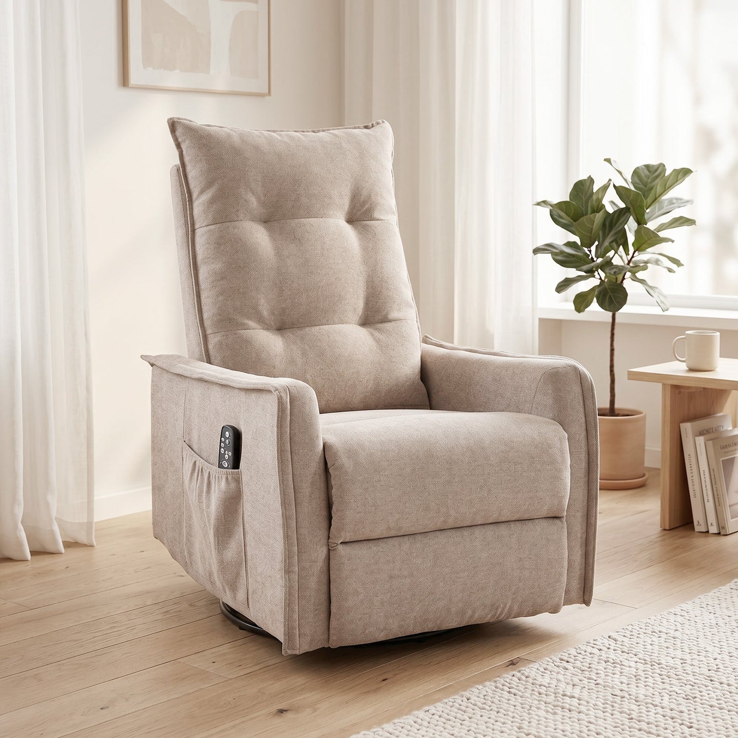 Recliner Armchair, Chenille Recliner Chair with Massage and Heat, 360° Swivel Rocking Manual Reclining Chair with Side Pockets for Living Room, Brown