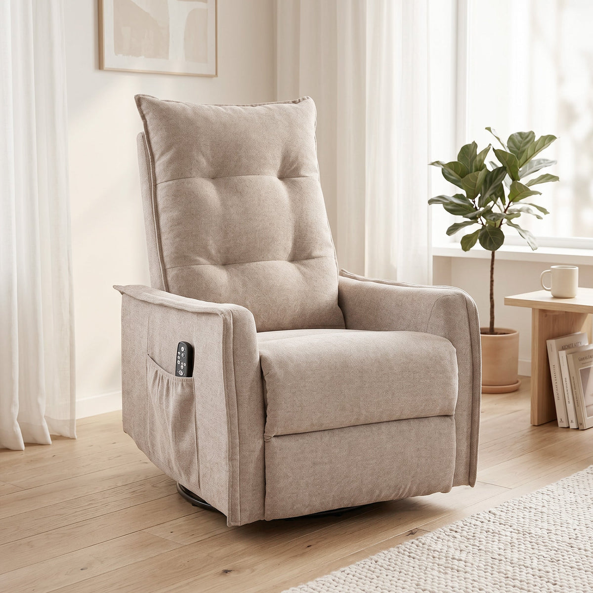 Recliner Armchair, Chenille Recliner Chair with Massage and Heat, 360° Swivel Rocking Manual Reclining Chair with Side Pockets for Living Room, Brown
