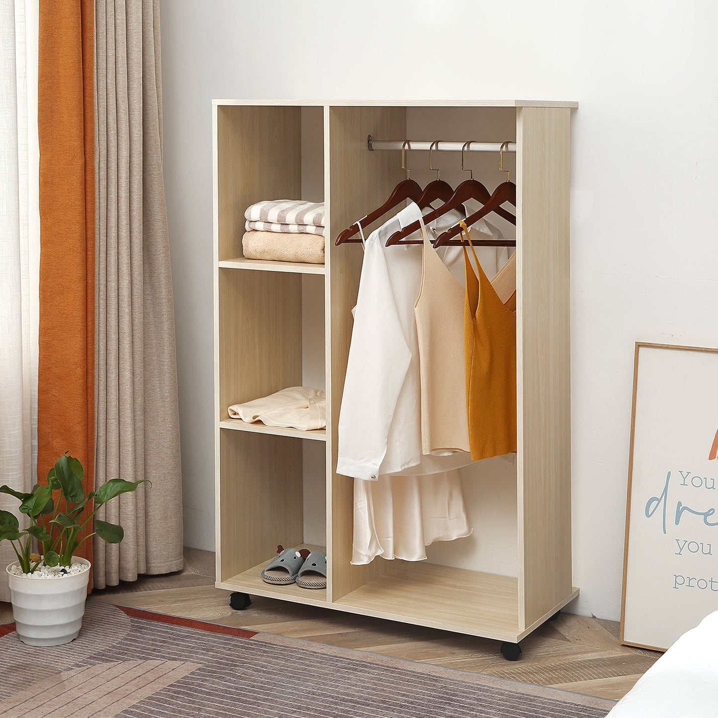 Open Wardrobe on Wheels, Bedroom Wardrobe with Clothes Hanging Rail, 3 Storage Shelves, Mobile Garment Rack for Cloakroom, Hallway, Maple Wood-Effect