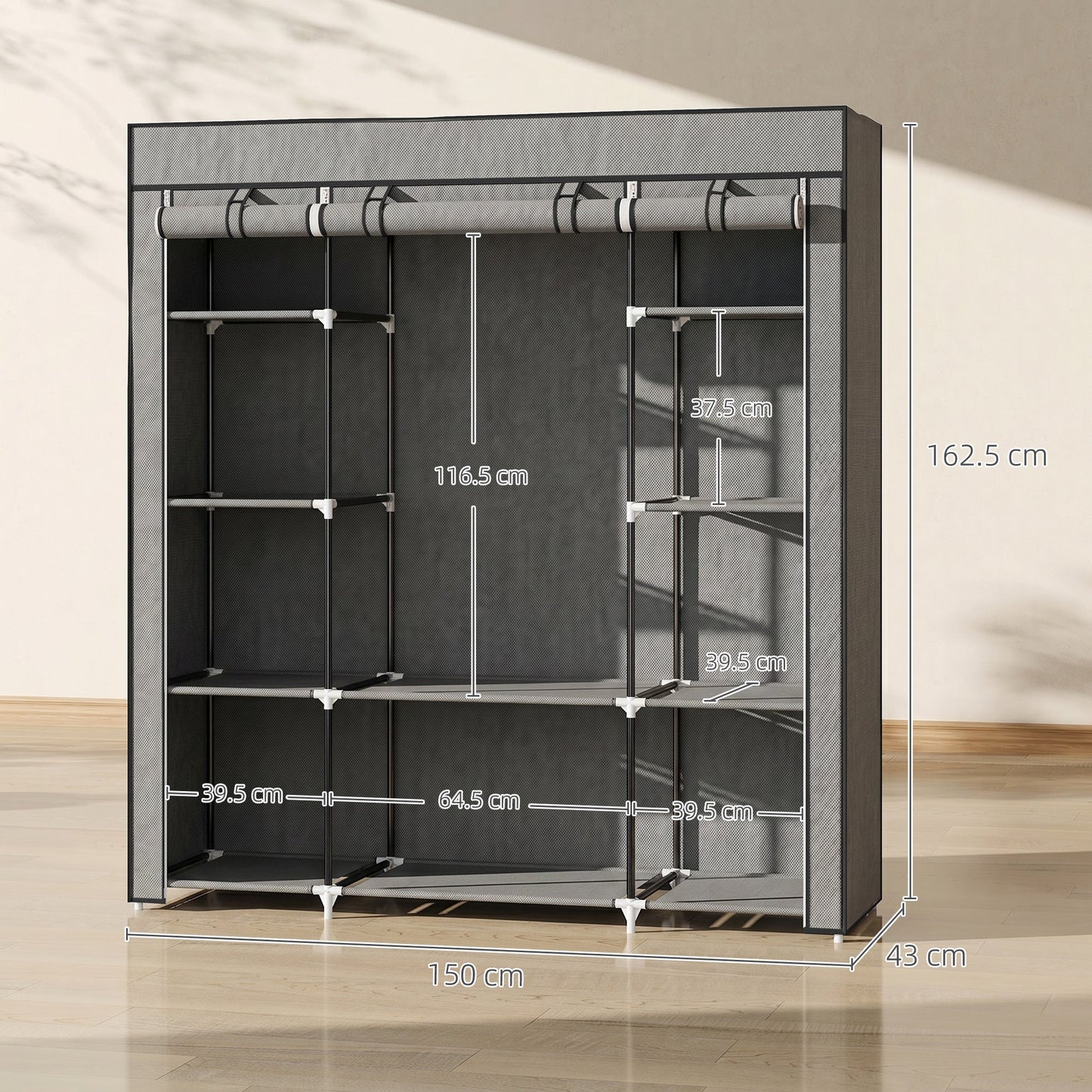 Portable Wardrobe, Foldable Fabric Wardrobe, 150 x 43 x 162.5cm, Clothes Storage Organiser with Hanging Rail, Shelves, Fabric Cover for Bedroom, Dark Grey