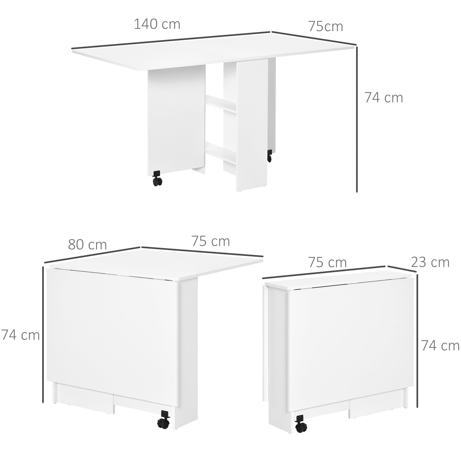 HOMCOM Folding Dining Table, Drop Leaf Table for Small Spaces with 2-tier Shelves, Small Kitchen Table with Rolling Casters, White