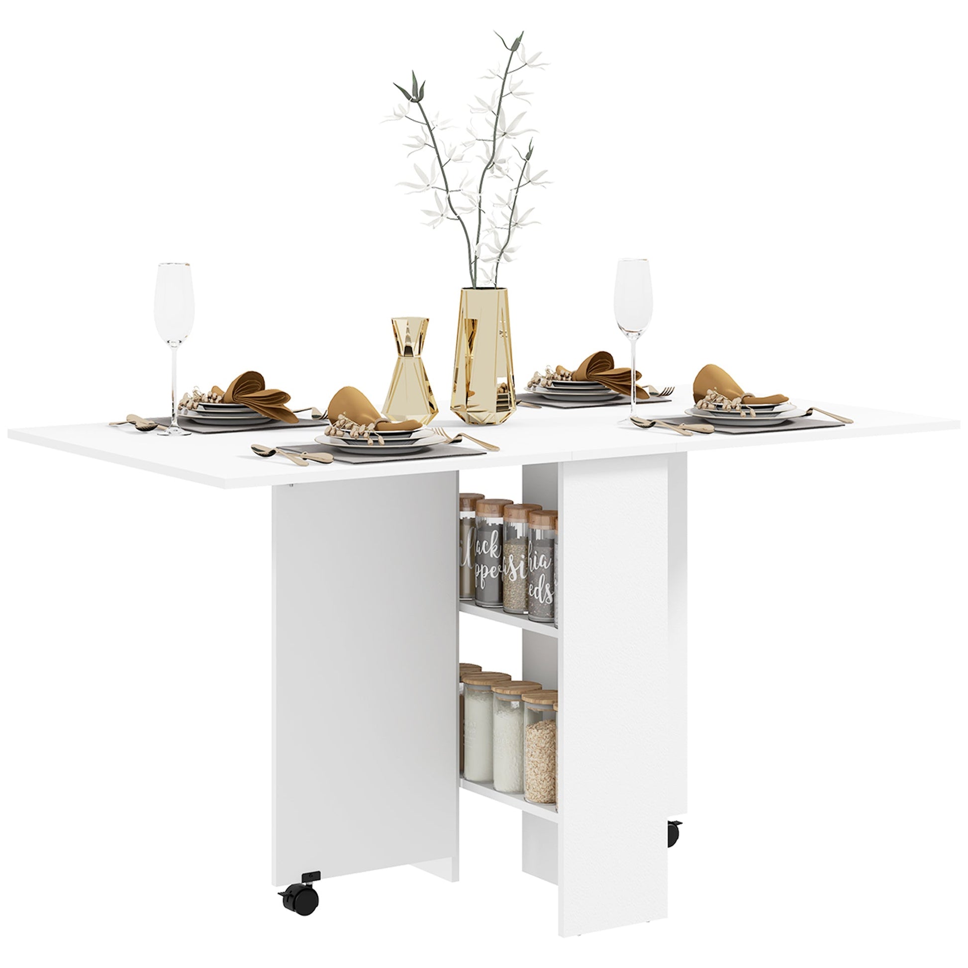 HOMCOM Folding Dining Table, Drop Leaf Table for Small Spaces with 2-tier Shelves, Small Kitchen Table with Rolling Casters, White