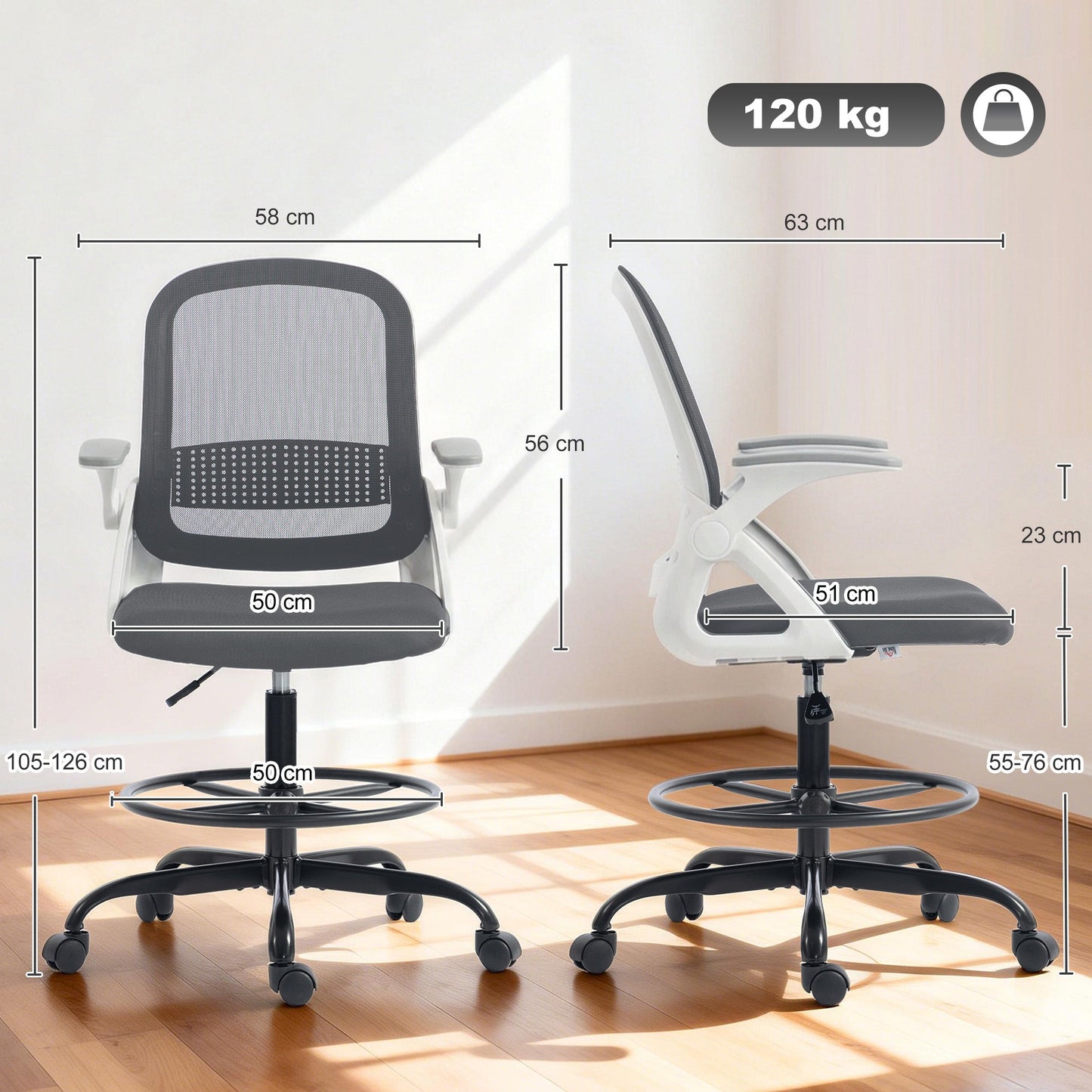 Drafting Chair, Mesh Standing Desk Chair with Flip-up Armrests, Adjustable Height and Footrest, Lumbar Support, Rolling Wheels for Home Office, Grey