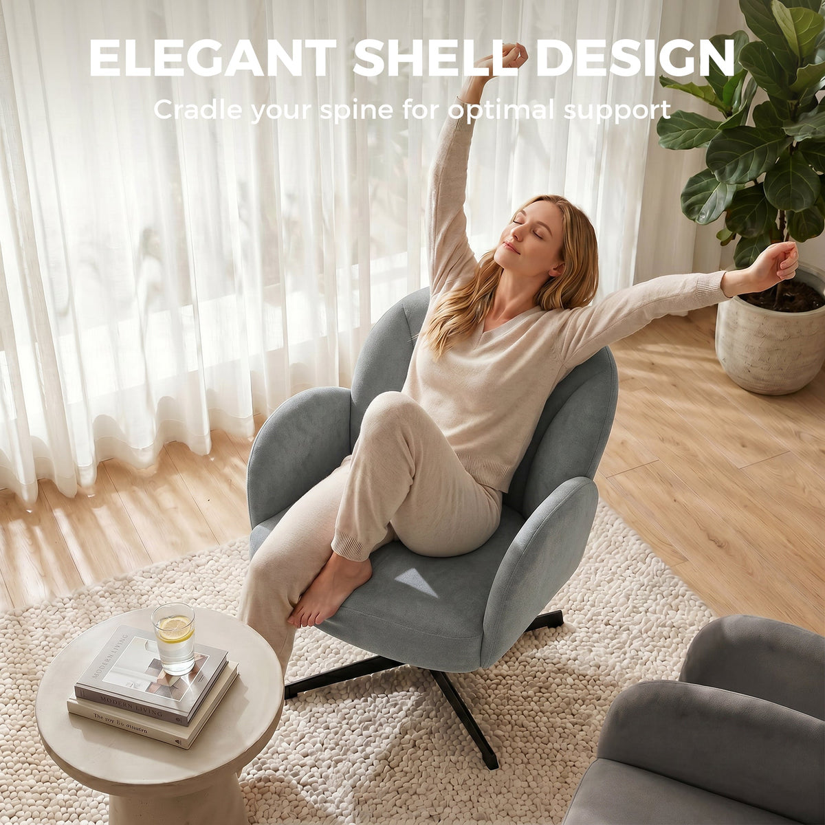 Swivel Accent Chair, Velvet-Feel Fabric Shell-Shaped Armchair with Spring Cushion, Metal Base, Modern Reading Chair for Living Room, Bedroom, Study, Makeup, Grey