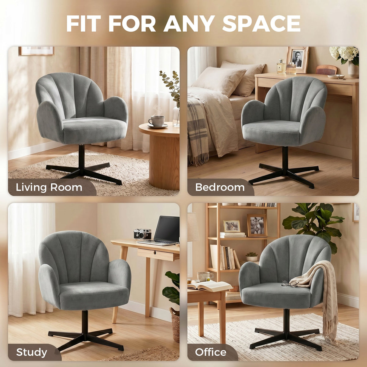 Swivel Accent Chair, Velvet-Feel Fabric Shell-Shaped Armchair with Spring Cushion, Metal Base, Modern Reading Chair for Living Room, Bedroom, Study, Makeup, Grey