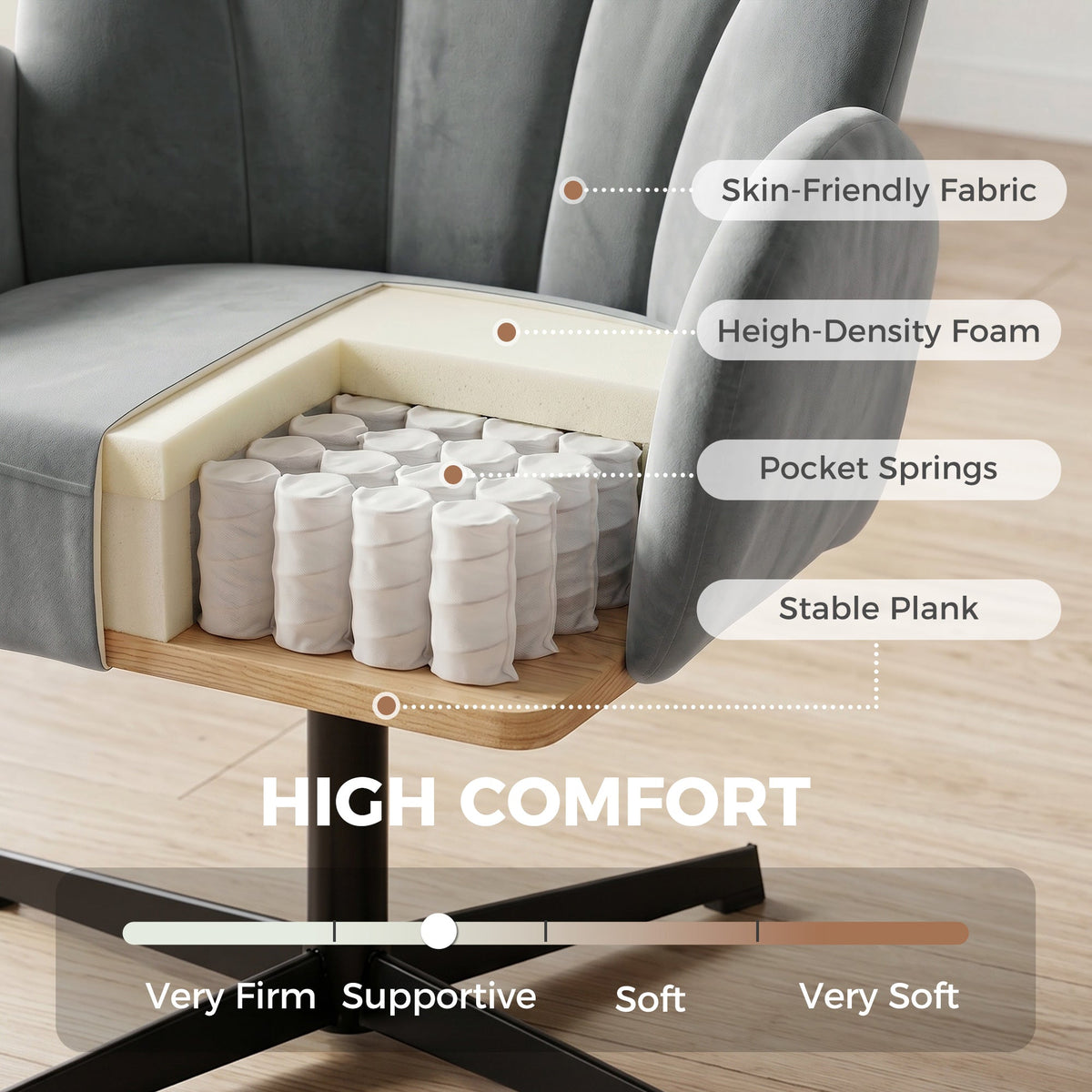 Swivel Accent Chair, Velvet-Feel Fabric Shell-Shaped Armchair with Spring Cushion, Metal Base, Modern Reading Chair for Living Room, Bedroom, Study, Makeup, Grey
