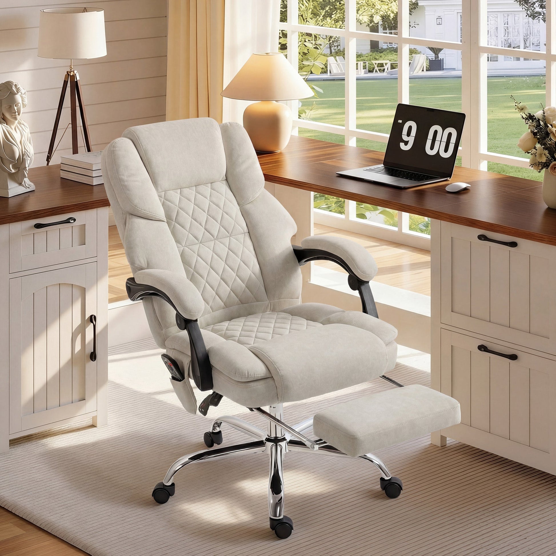 Office Chair with 6-point Vibration Massage and Heat, Velvet-feel Fabric Desk Chair with Footrest, Linkage Armrests, High Back, Adjustable Height, 135° Reclining for Home Office, Cream White