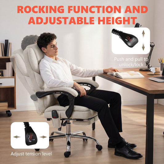 Office Chair with 6-point Vibration Massage and Heat, Velvet-feel Fabric Desk Chair with Footrest, Linkage Armrests, High Back, Adjustable Height, 135° Reclining for Home Office, Cream White