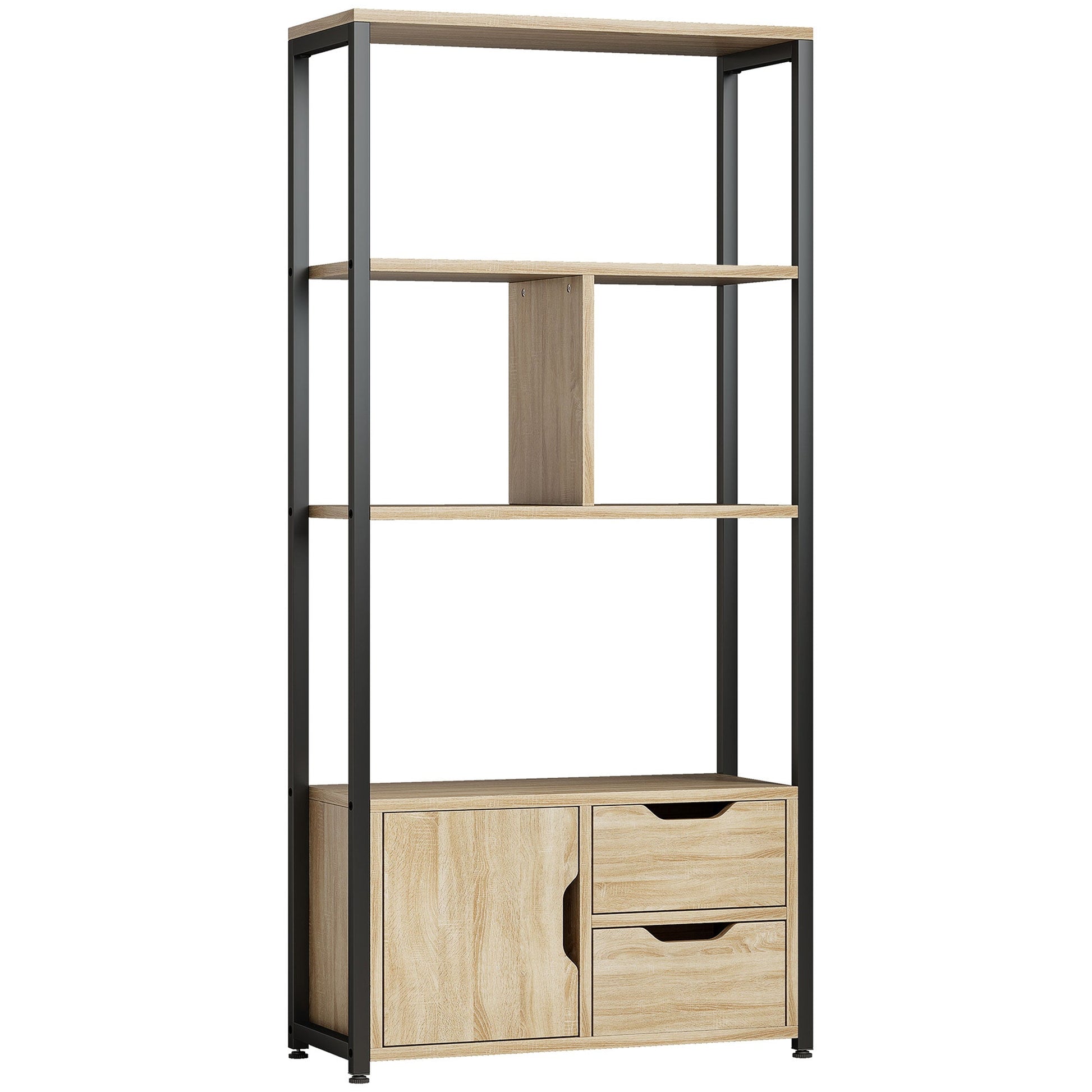 Ladder Bookshelf, 4-Tier Bookcase with Cabinet and Drawers, Storage Shelves with Metal Frame for Living Room, Bedroom, Home Office, Natural Wood