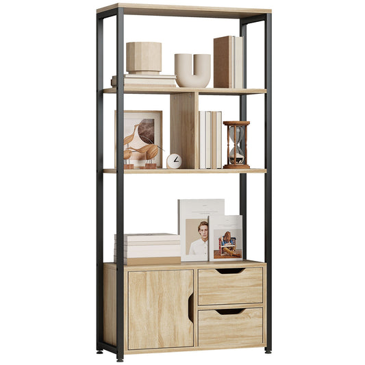 Ladder Bookshelf, 4-Tier Bookcase with Cabinet and Drawers, Storage Shelves with Metal Frame for Living Room, Bedroom, Home Office, Natural Wood