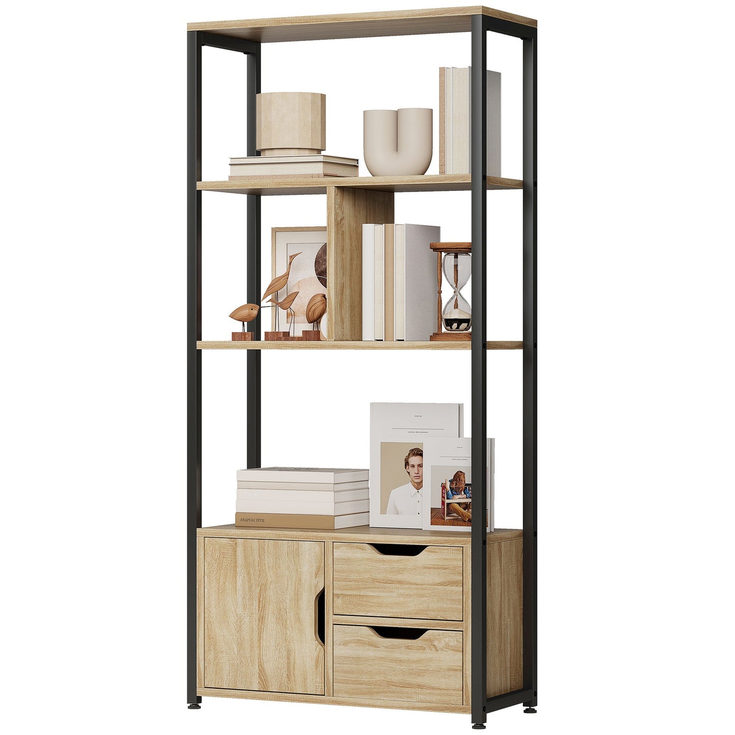 Ladder Bookshelf, 4-Tier Bookcase with Cabinet and Drawers, Storage Shelves with Metal Frame for Living Room, Bedroom, Home Office, Natural Wood