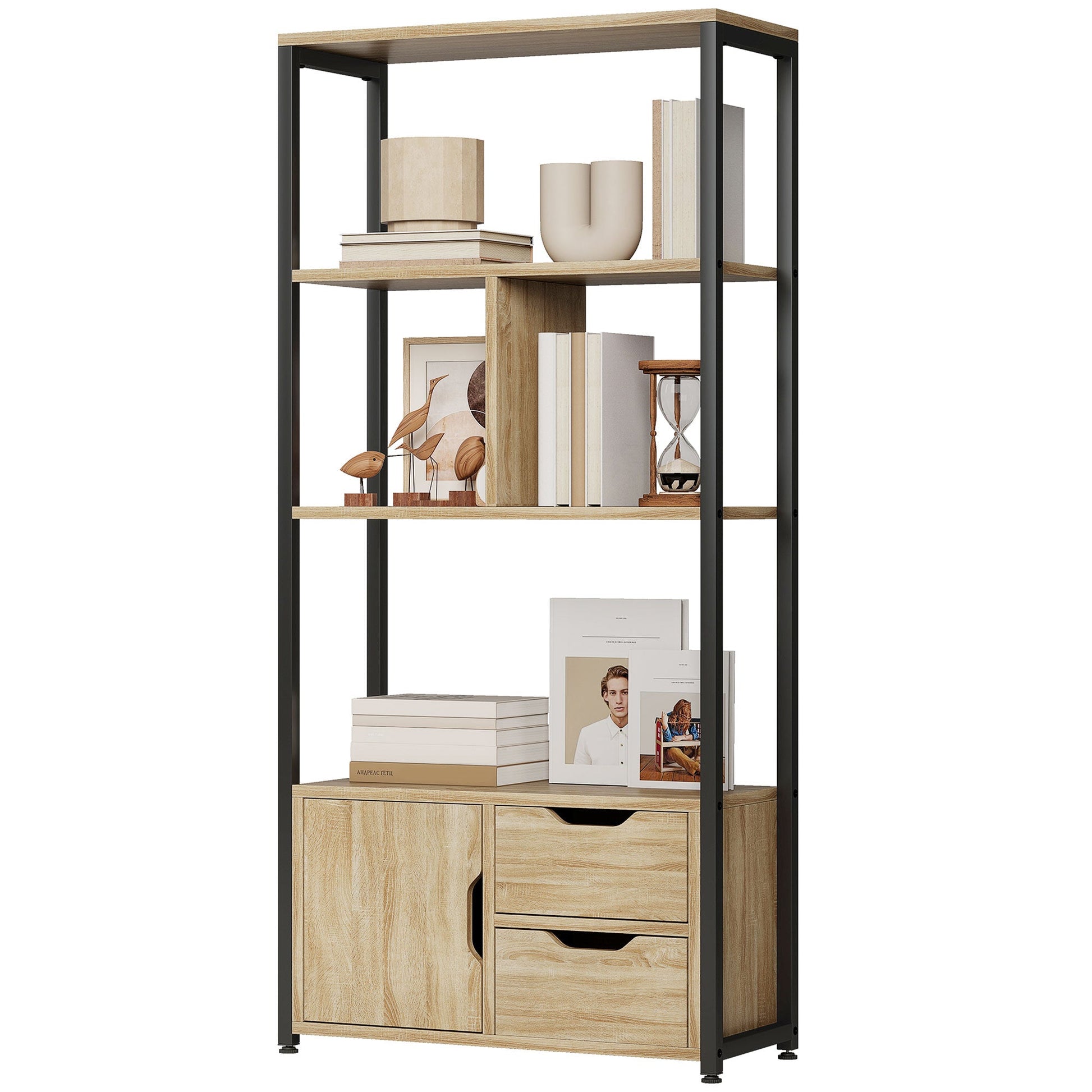 Ladder Bookshelf, 4-Tier Bookcase with Cabinet and Drawers, Storage Shelves with Metal Frame for Living Room, Bedroom, Home Office, Natural Wood