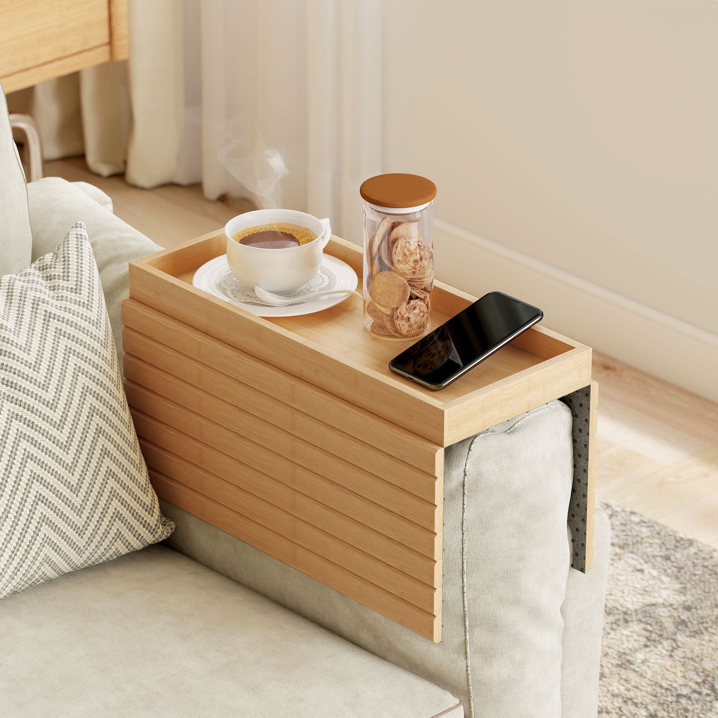 Bamboo Sofa Arm Tray, Foldable Anti-Slip Armrest Tray, Flexible Roll-up Couch Armrest Table for Drinks and Snacks, Natural Wood Finish