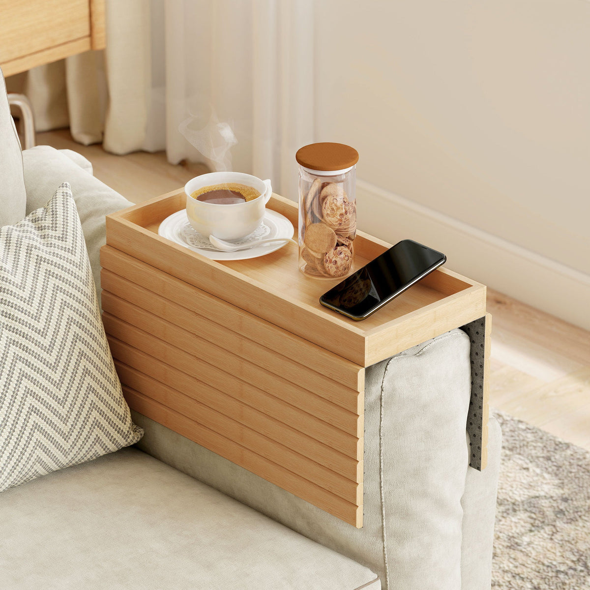 Bamboo Sofa Arm Tray, Foldable Anti-Slip Armrest Tray, Flexible Roll-up Couch Armrest Table for Drinks and Snacks, Natural Wood Finish