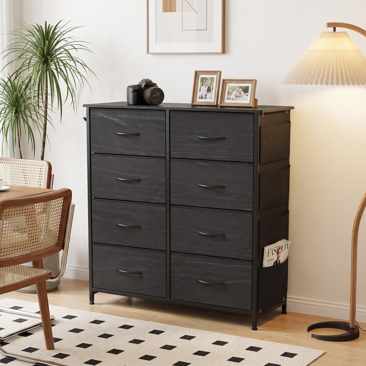 Chest of Drawers, Dresser for Bedroom with 8 Fabric Drawers, Tall Storage Unit with 4 Pockets, 2 Hooks and Steel Frame for Living Room, Hallway, Black