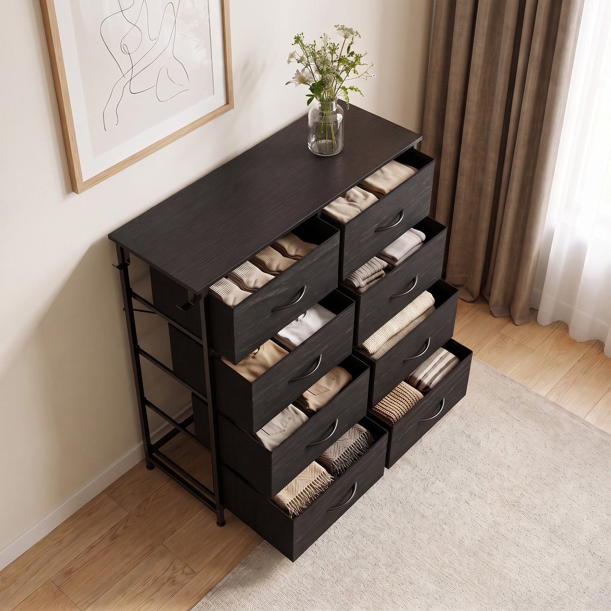 Chest of Drawers, Dresser for Bedroom with 8 Fabric Drawers, Tall Storage Unit with 4 Pockets, 2 Hooks and Steel Frame for Living Room, Hallway, Black