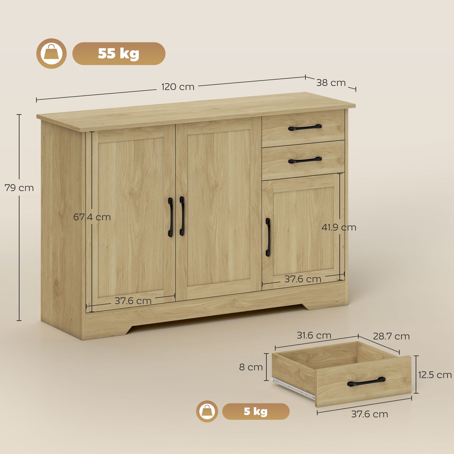 Sideboard with Soft-Close Doors, Modern Storage Cabinet, Kitchen Cupboard with 2 Drawers, Adjustable Shelf and 3 Doors for Dining Room, Living Room, Natural Wood Finish