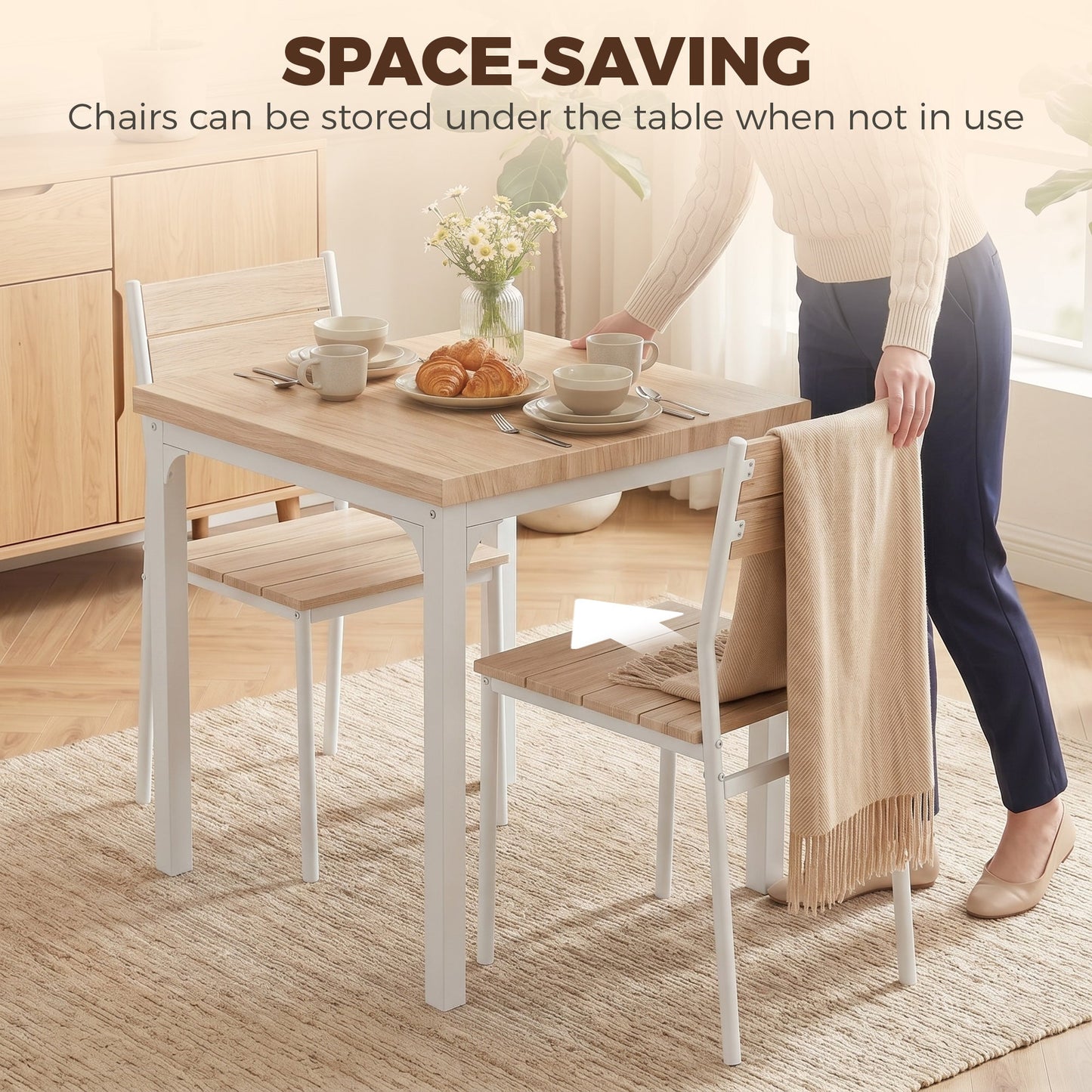 3 Pieces Modern Dining Table Set, Kitchen Table and Chairs for 2, Space Saving Design, Breakfast Nook Table Set with Steel Legs for Kitchen, Small Space, Oak Wood Effect
